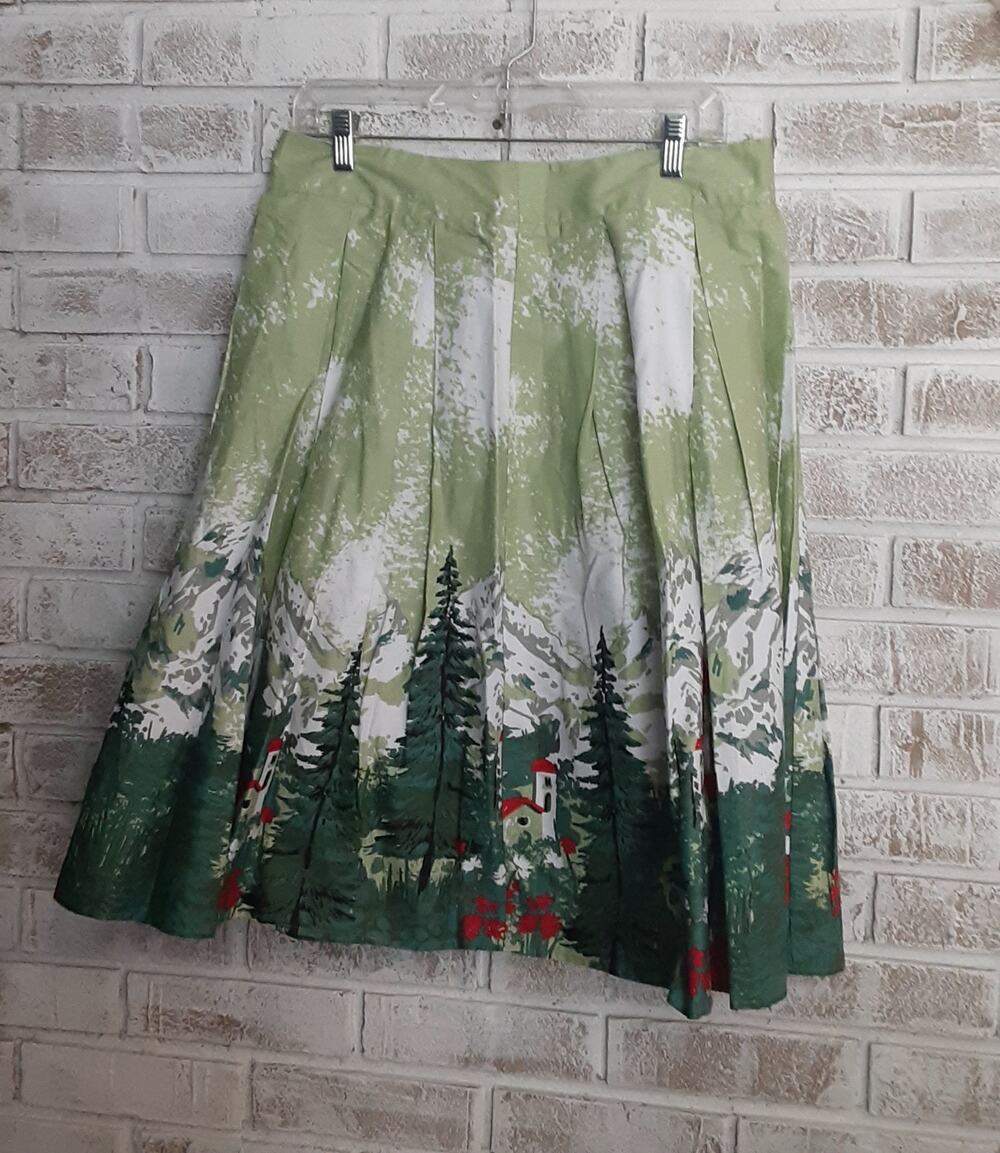 Boutique Alpine Mountain Scene Skirt szL Timeless Christmas Pleated A-line